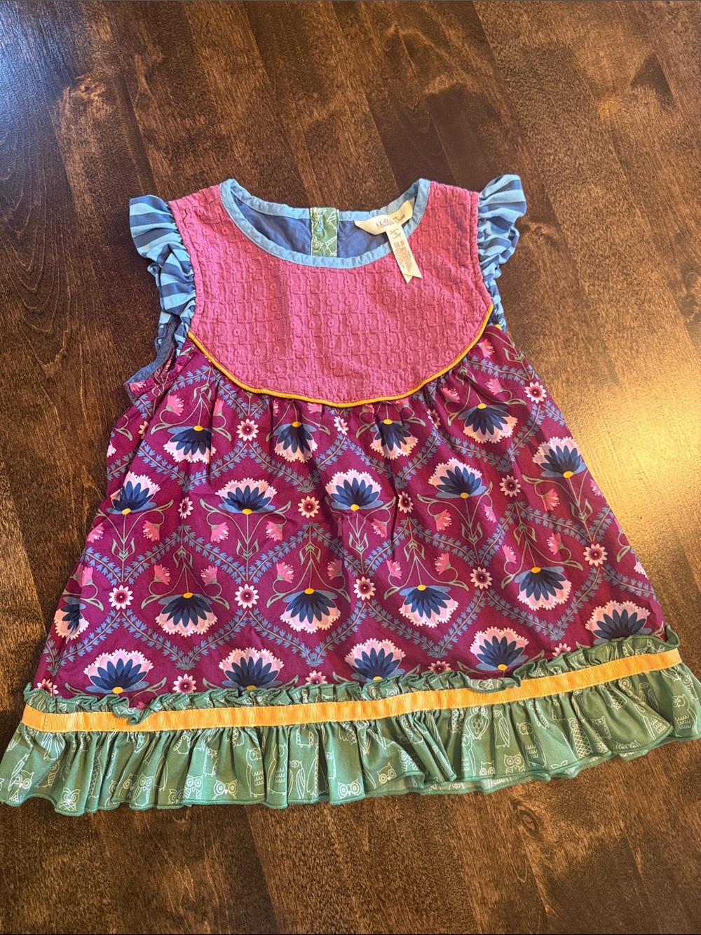Matilda Jane Pink Floral Ruffle-Trim Dress with Blue and Green Accents
